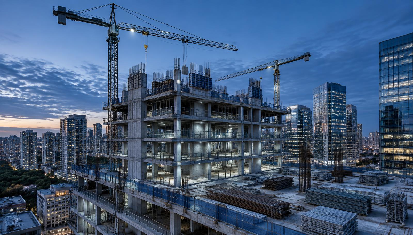 Estrutura de edifício em construção com gruas em ambiente urbano