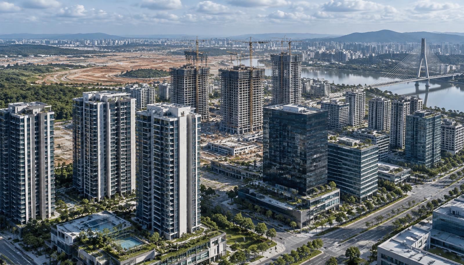 Empreendimento urbano com edifícios concluídos e torres em construção